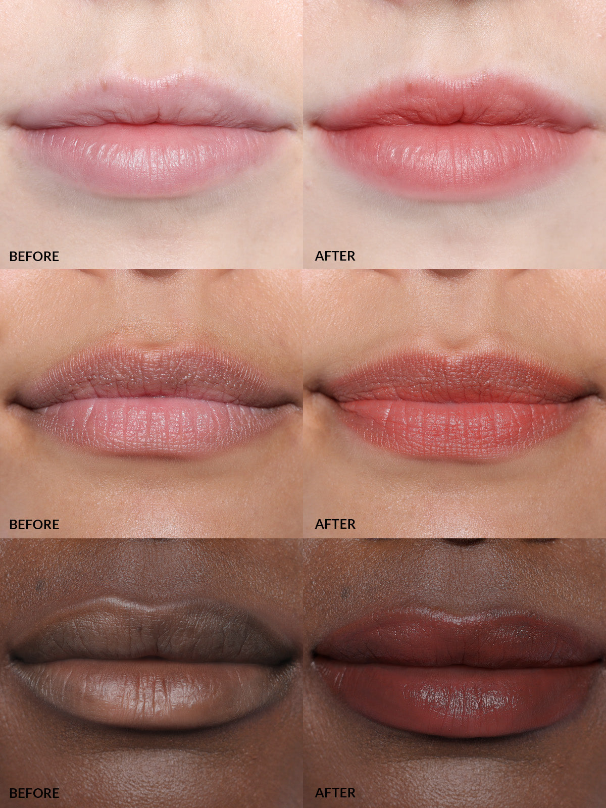 REFY LIP BLUSH IN SHADE AMBER ON DIFFERENT SKIN TONES