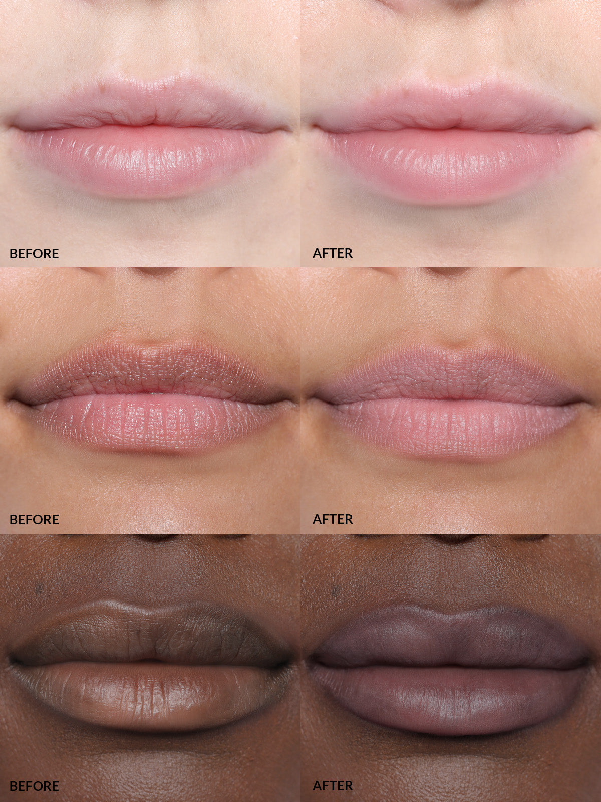 REFY LIP BLUSH IN SHADE BLOOM ON DIFFERENT SKIN TONES
